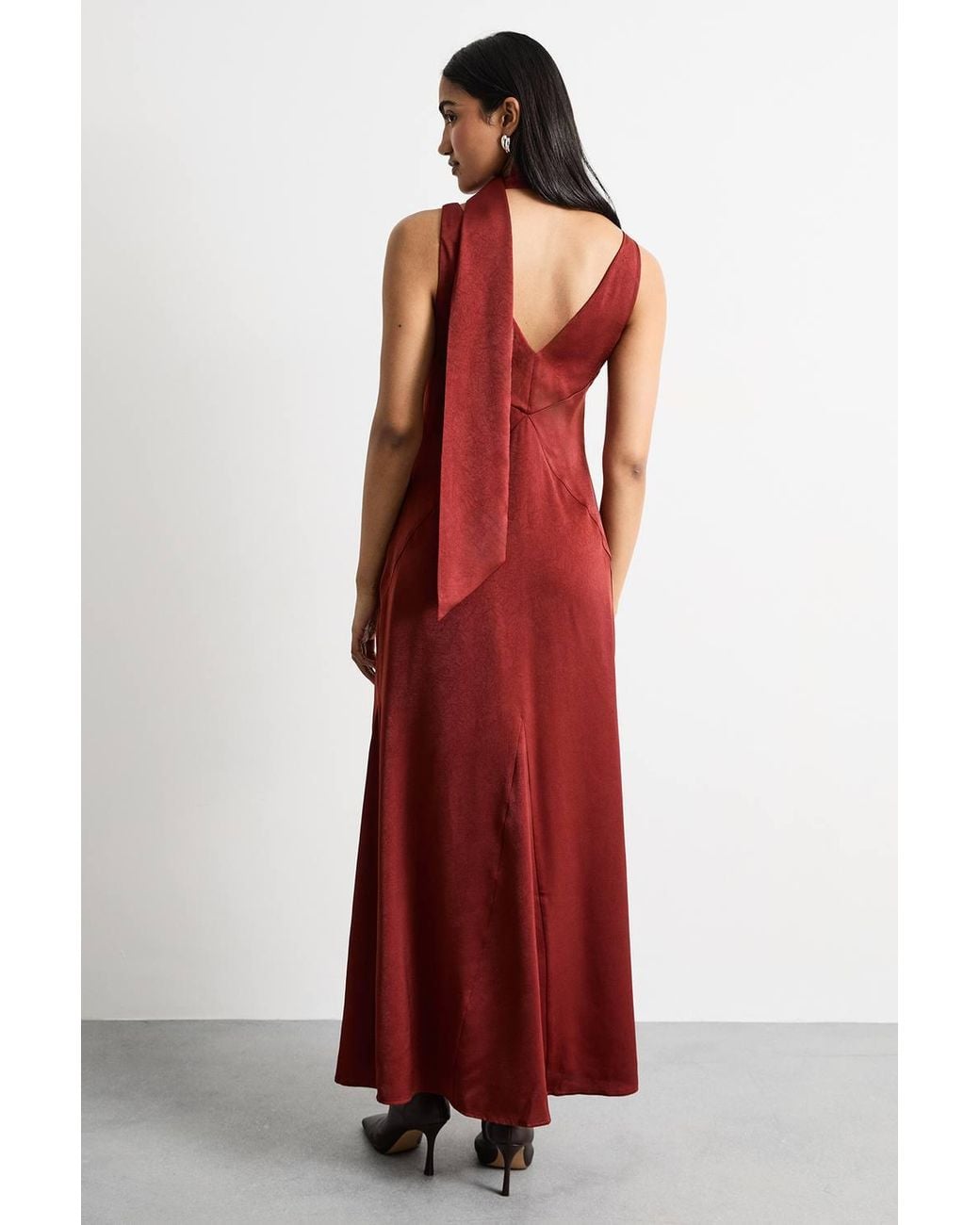 Warehouse Red Plain Scarf Detail Tie Neck Maxi Dress