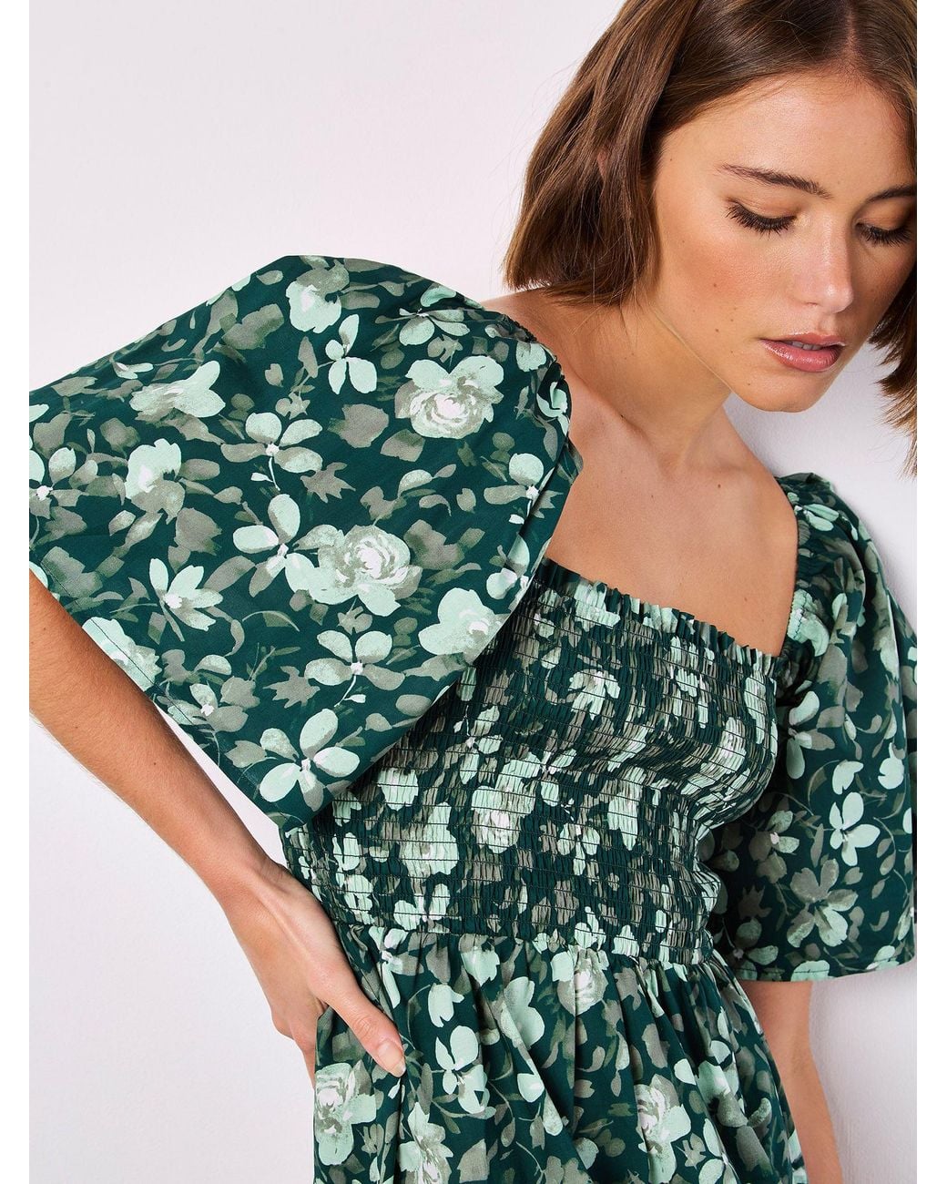 Apricot Green Smocked Cotton Floral Mini Dress