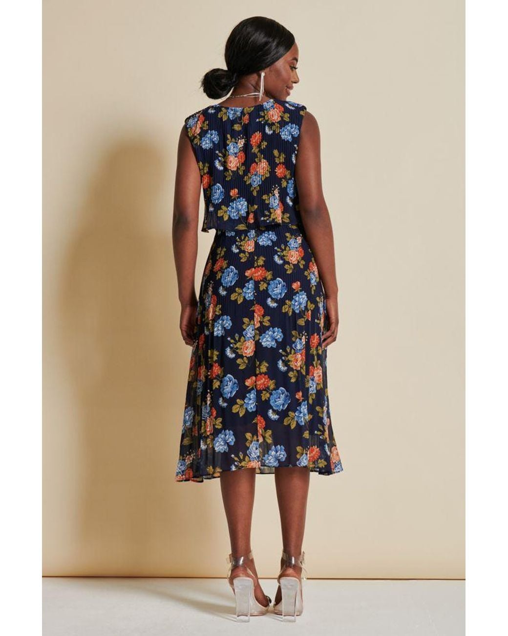 Jolie Moi Blue Chiffon Pleated Overlay Midi Dress
