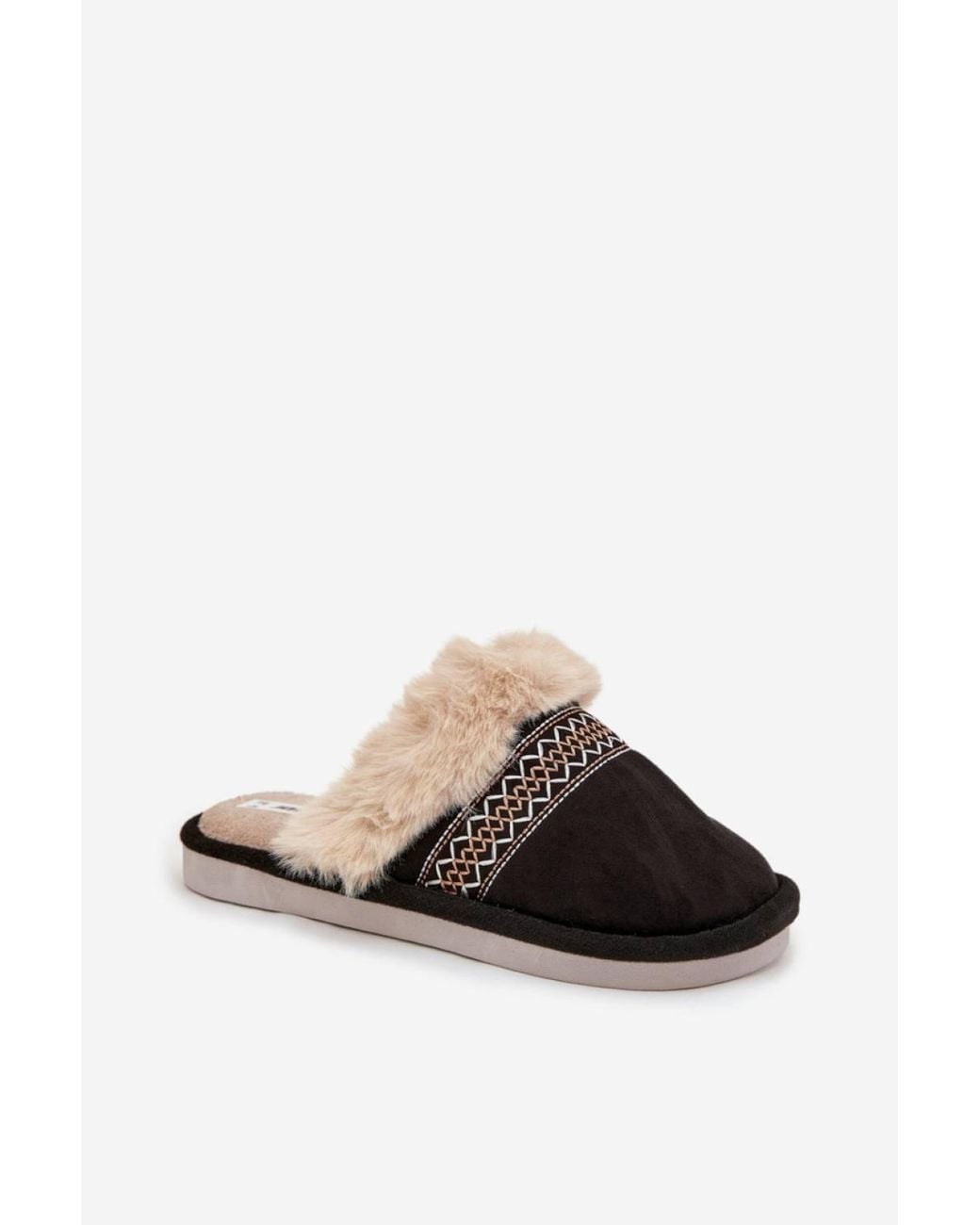 Love Lace Black Cozy Soft Fabric Slippers With Faux Fur & Embroidery Detail