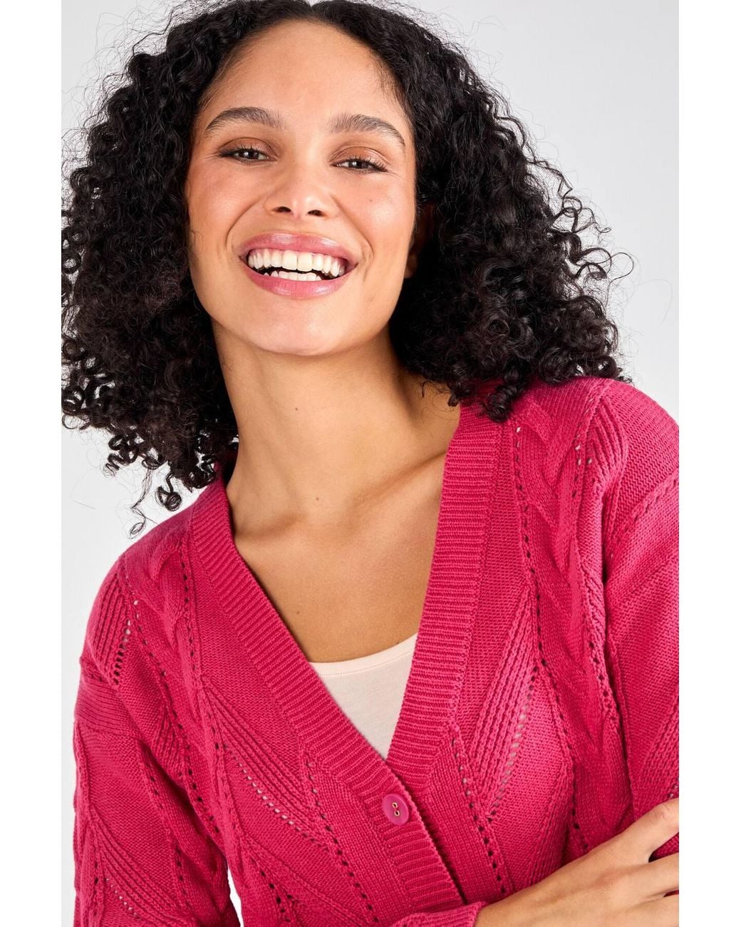 DAMART Pink Cotton Blend Chevron & Cable Stitch V-Neck Cardigan