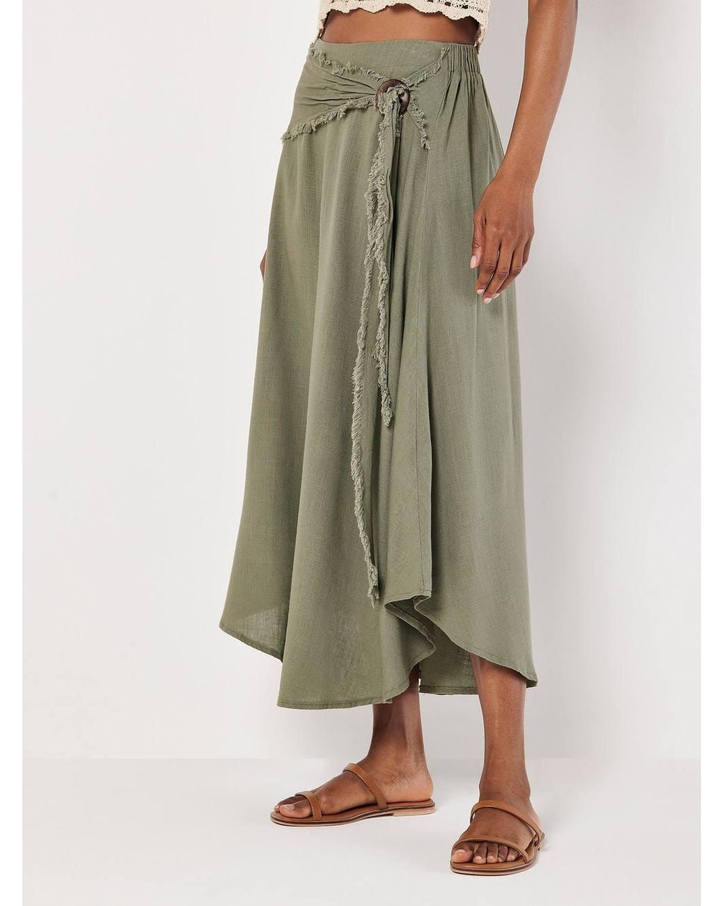 Apricot Green Linen Blend Hanky Hem Midi Skirt