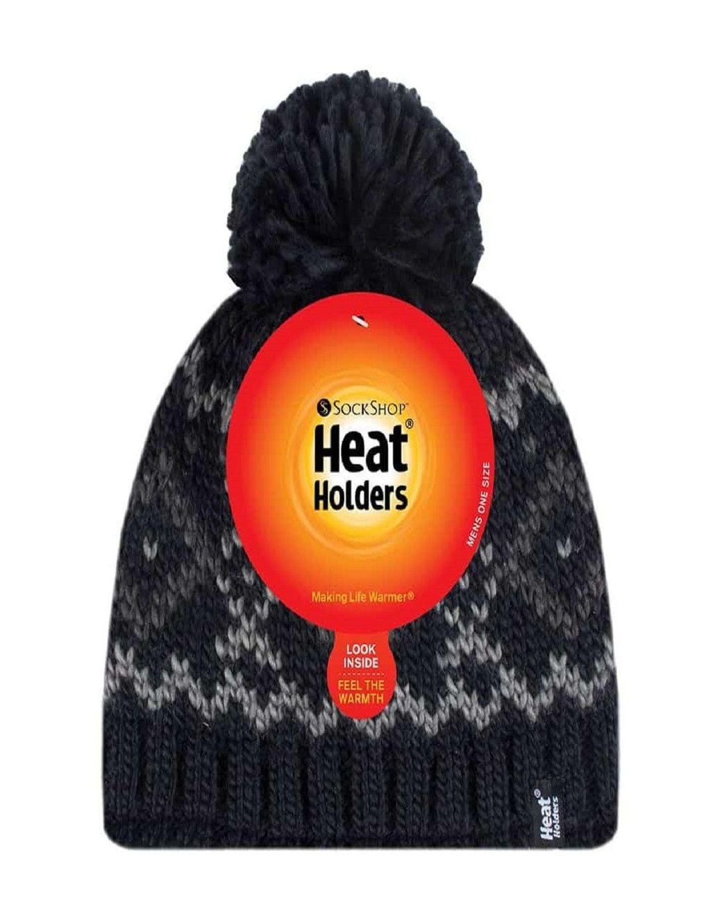 Heat Holders Black Fleece Lined Thermal Winter Warm Beanie Bobble Hat With Pom Pom for men