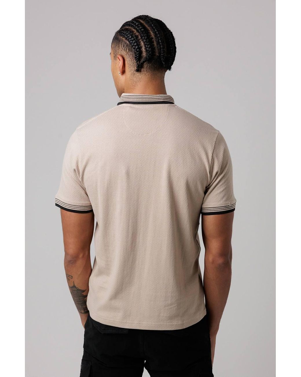 Firetrap Natural Regular Fit Cotton Zip Polo Shirt With Gradient Stripes for men