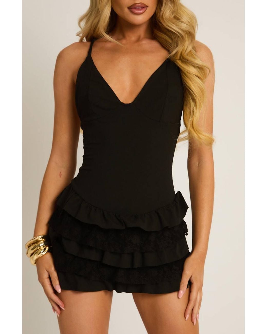 Rebellious Fashion Black Ruffle Lace Detail Strappy Playsuit