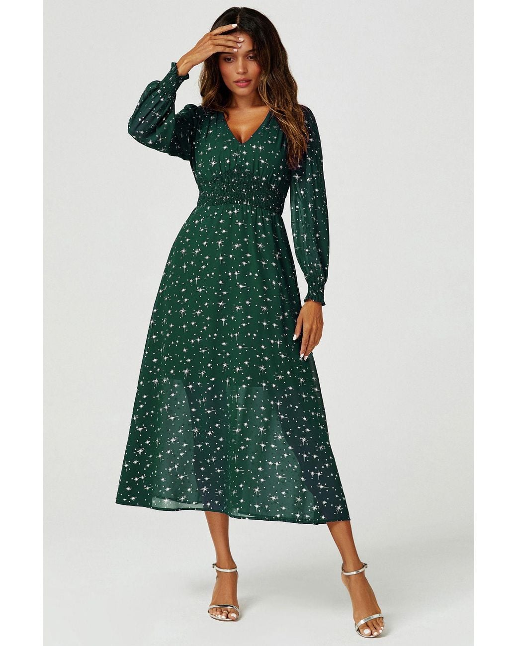 FS Collection Green Sliver Star Foil V Neckline Long Sleeve Maxi Dress