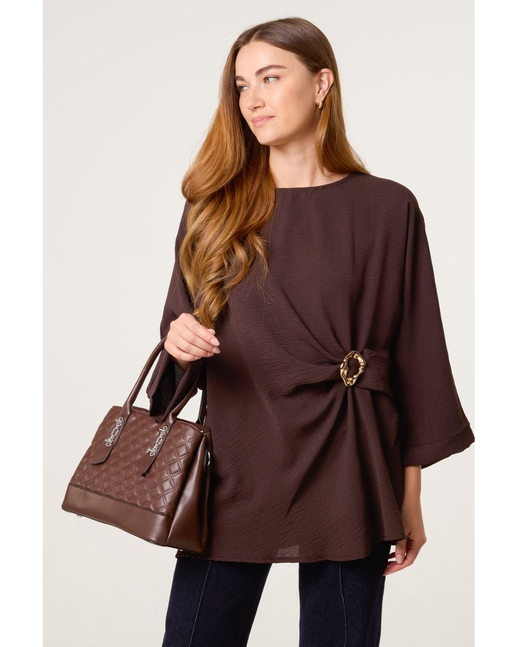 Blue Vanilla Brown Short Sleeve Round Neck Blouse
