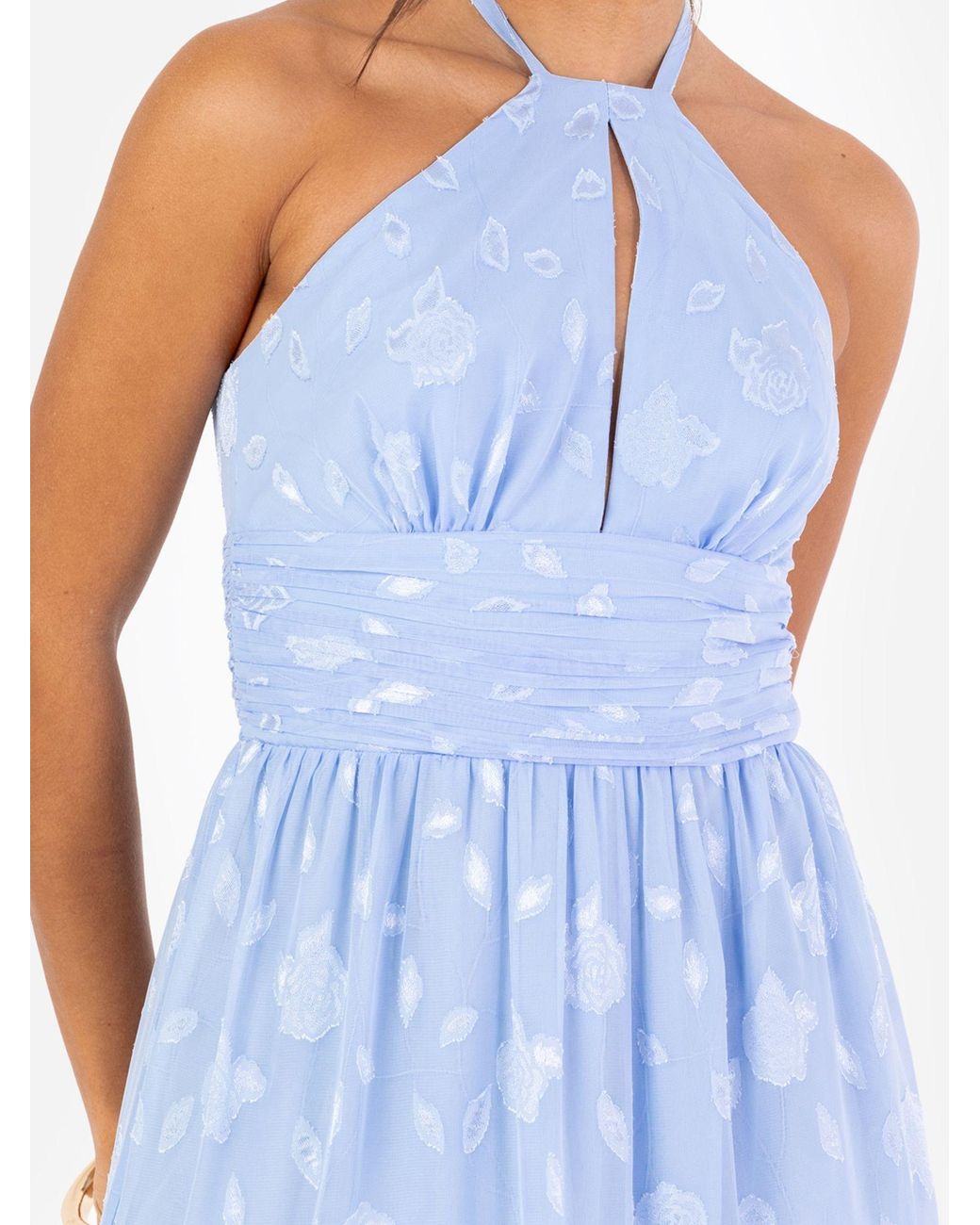 Maya Deluxe Blue Floral Self-Tie Halter Neck Maxi Dress