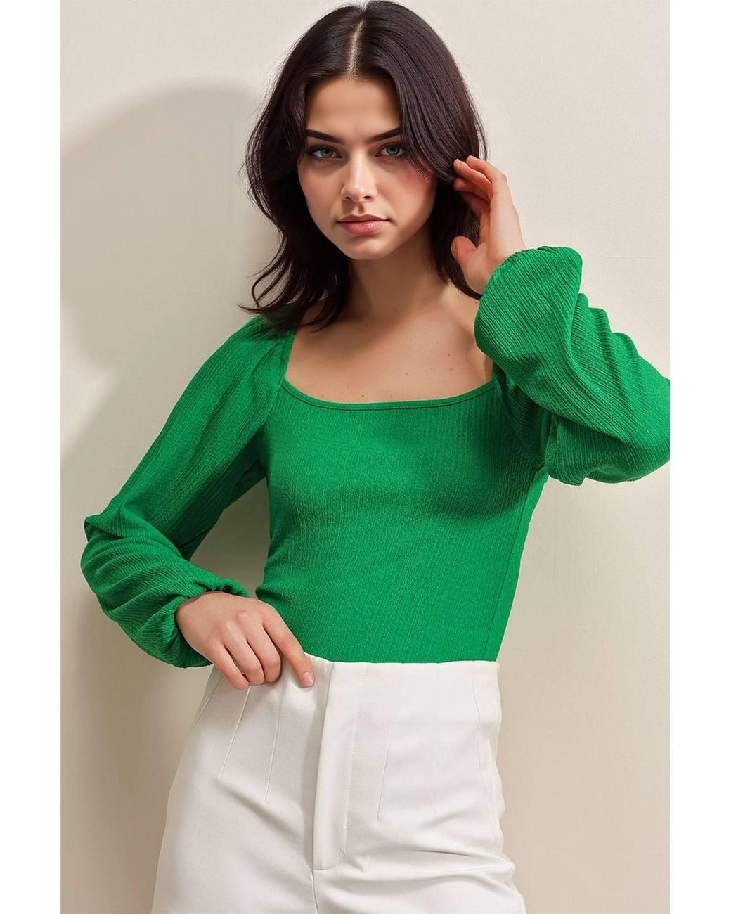Bigdart Green Fitted Textured Blouse With Square Collar & Ruffle Detail