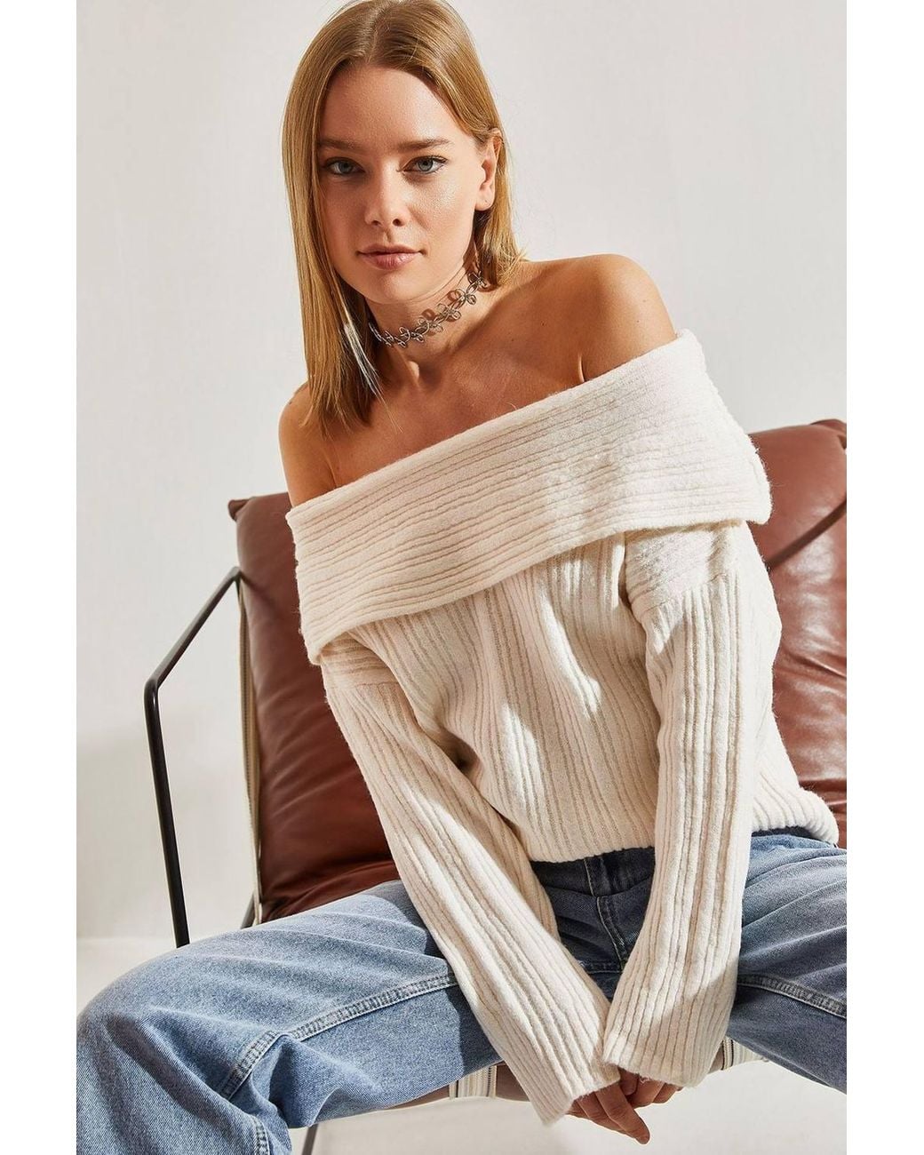 Bianco Lucci Natural Off Shoulder Ribbed Knit Sweater