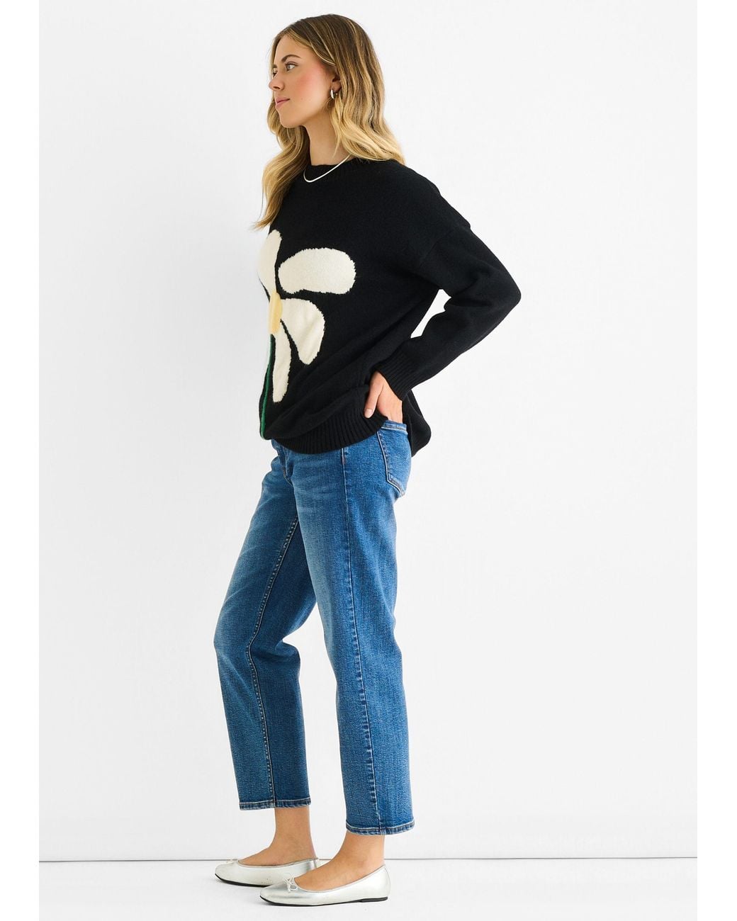 Gini London Blue Paint Flower Knit Oversized Long Jumper