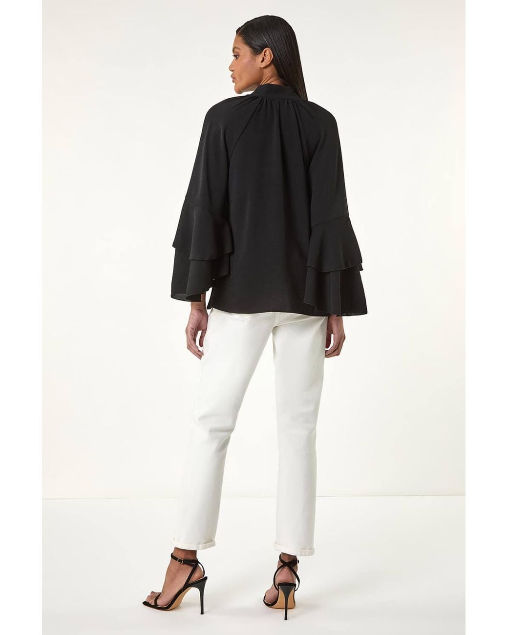 Roman Black Frilled Sleeve Tie Front Top