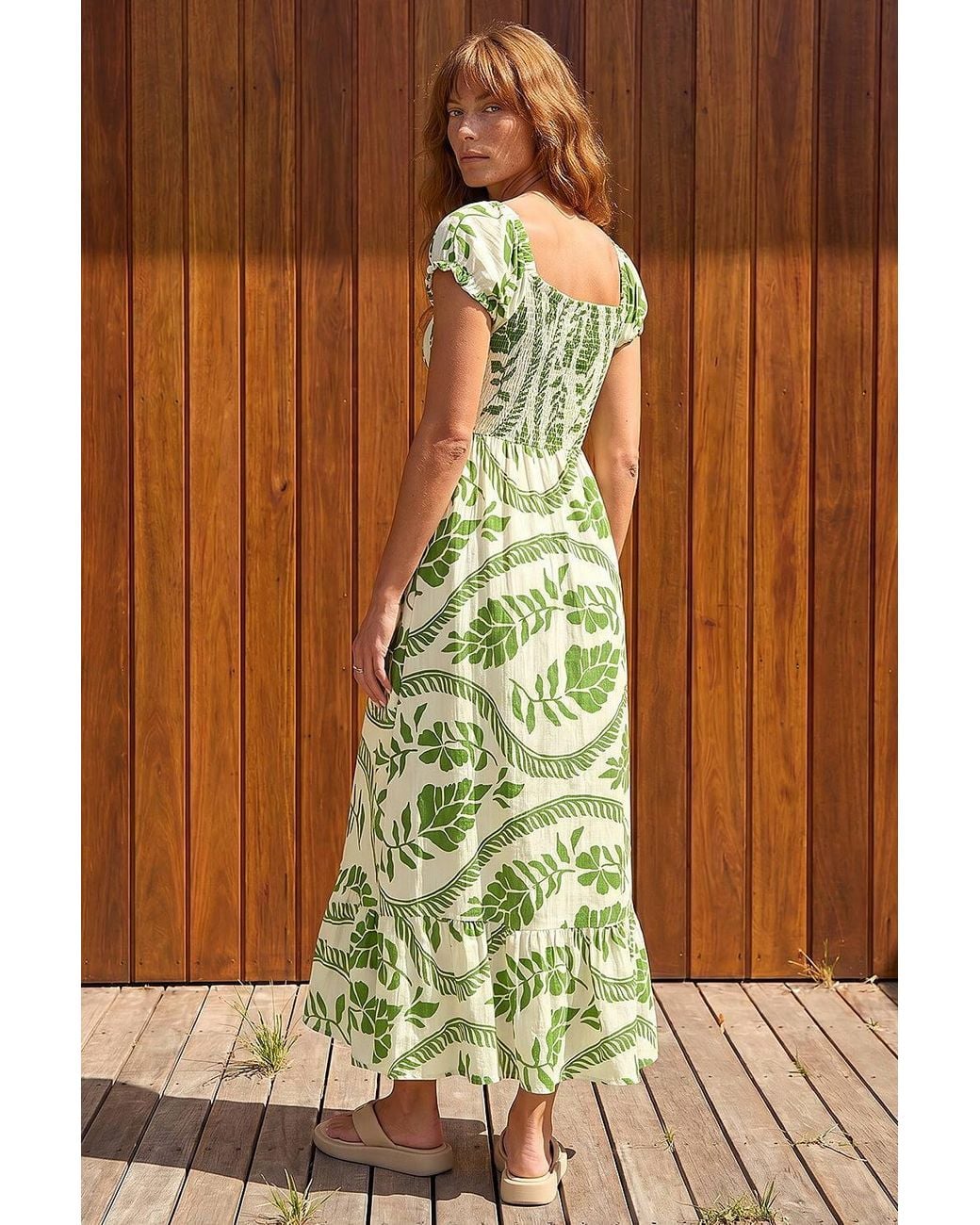 Roman Green Leaf Print Shirred Maxi Dress
