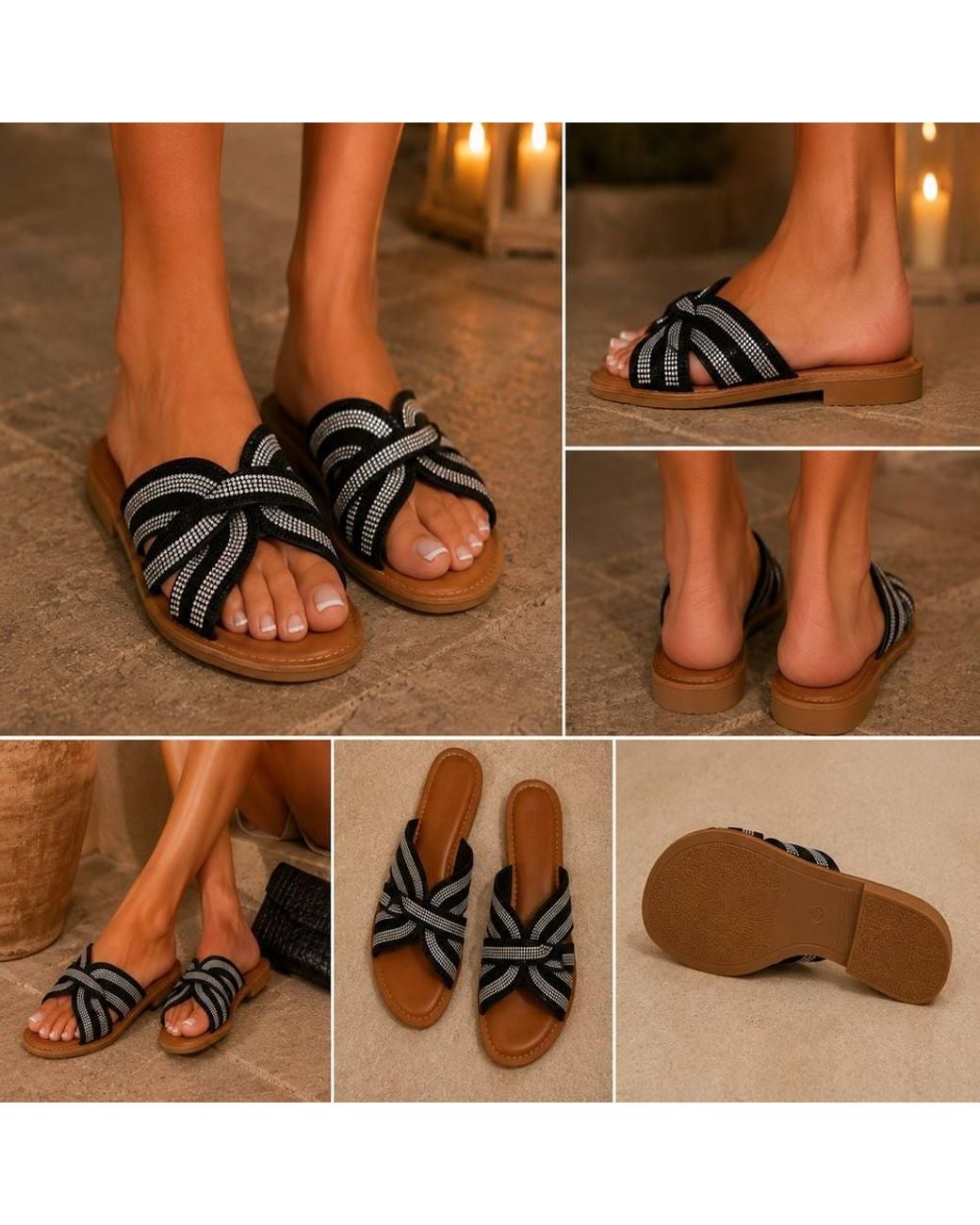 LARANGE Brown Rhinestone Strap Sandals Flat Slip-On Slides