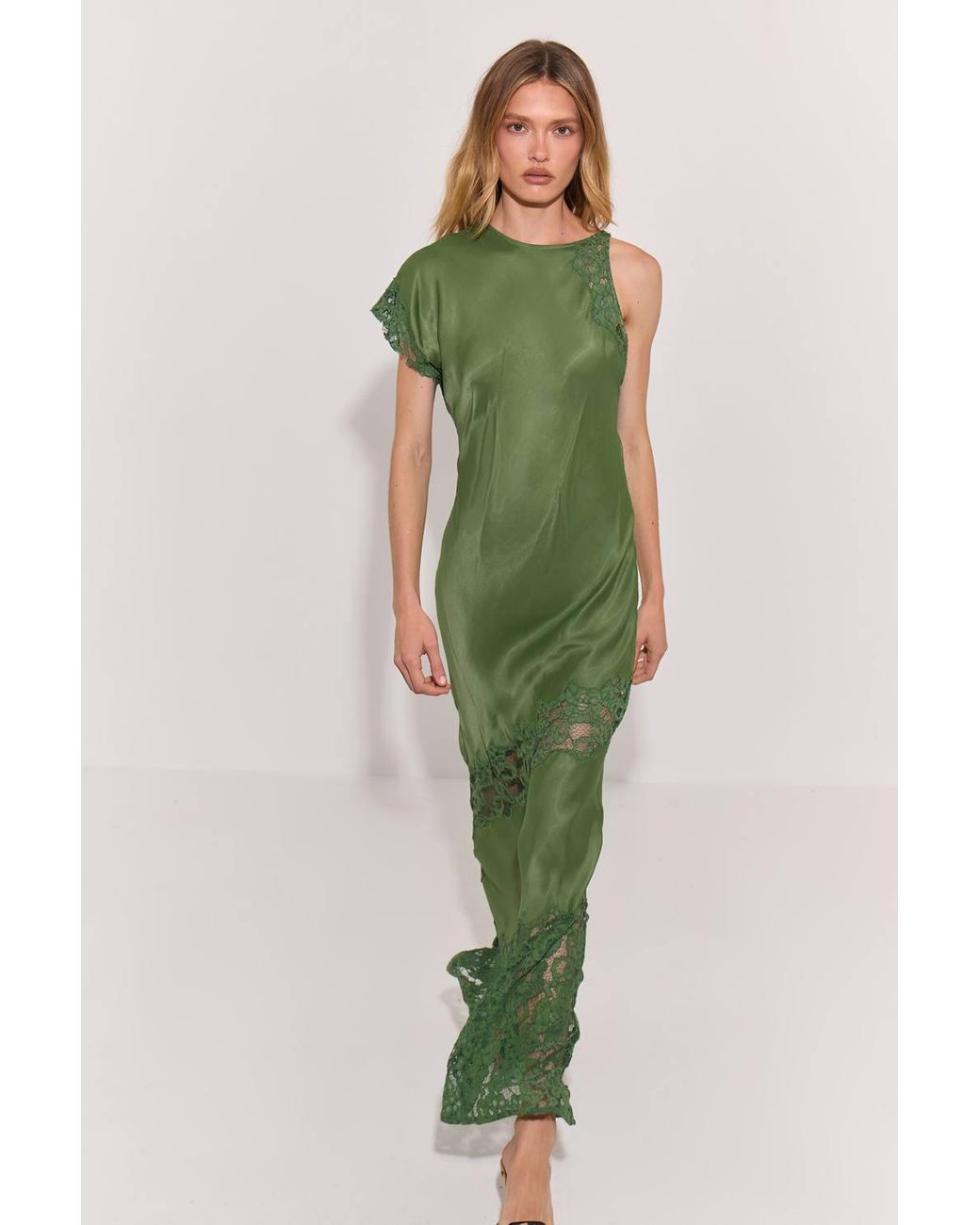 Warehouse Green Petite Premium Asymmetric Neckline Lace Panelled Maxi