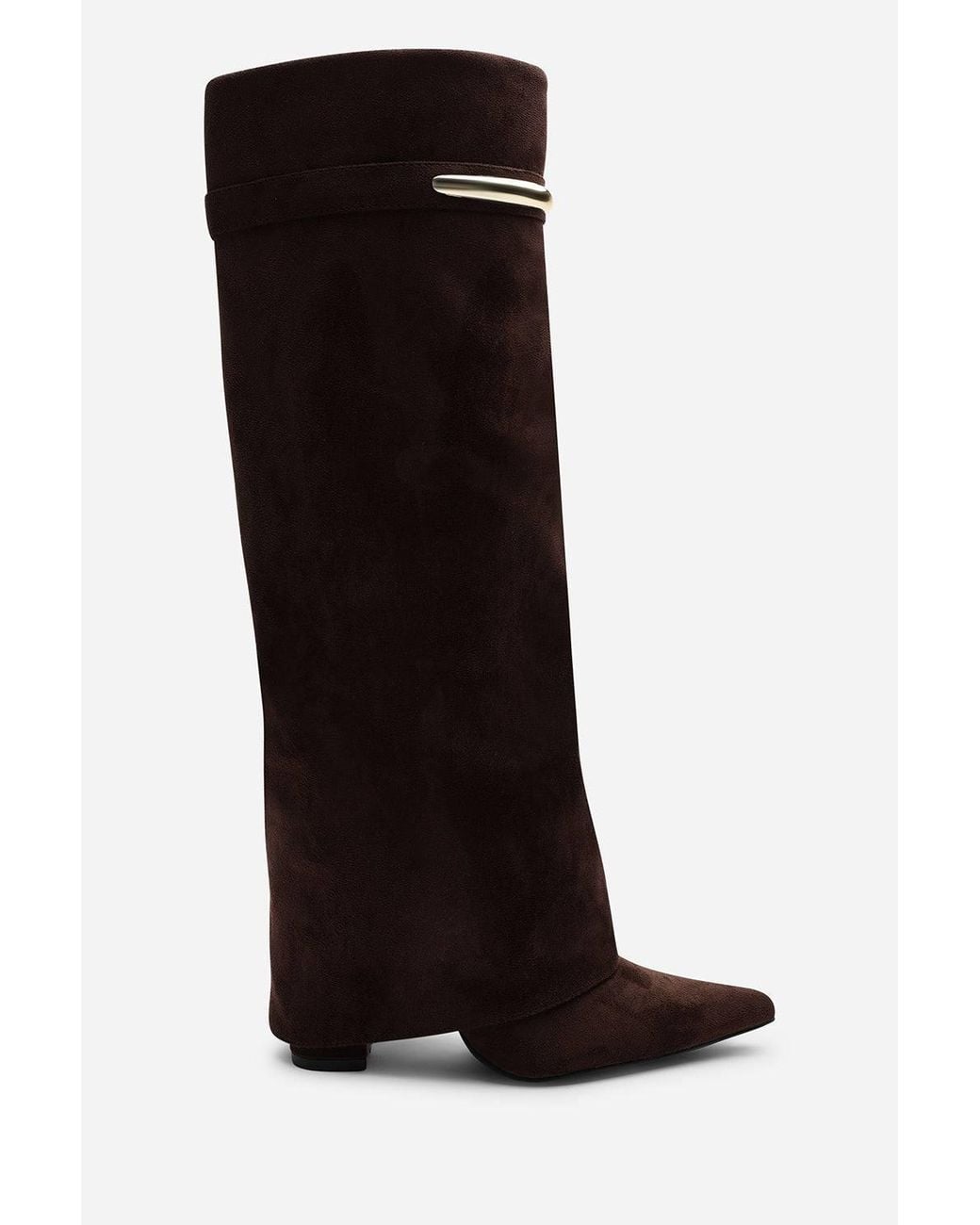 Where's That From Brown Nareva Fold Over Shark Block Heel Point Toe Boots With Trim Detail