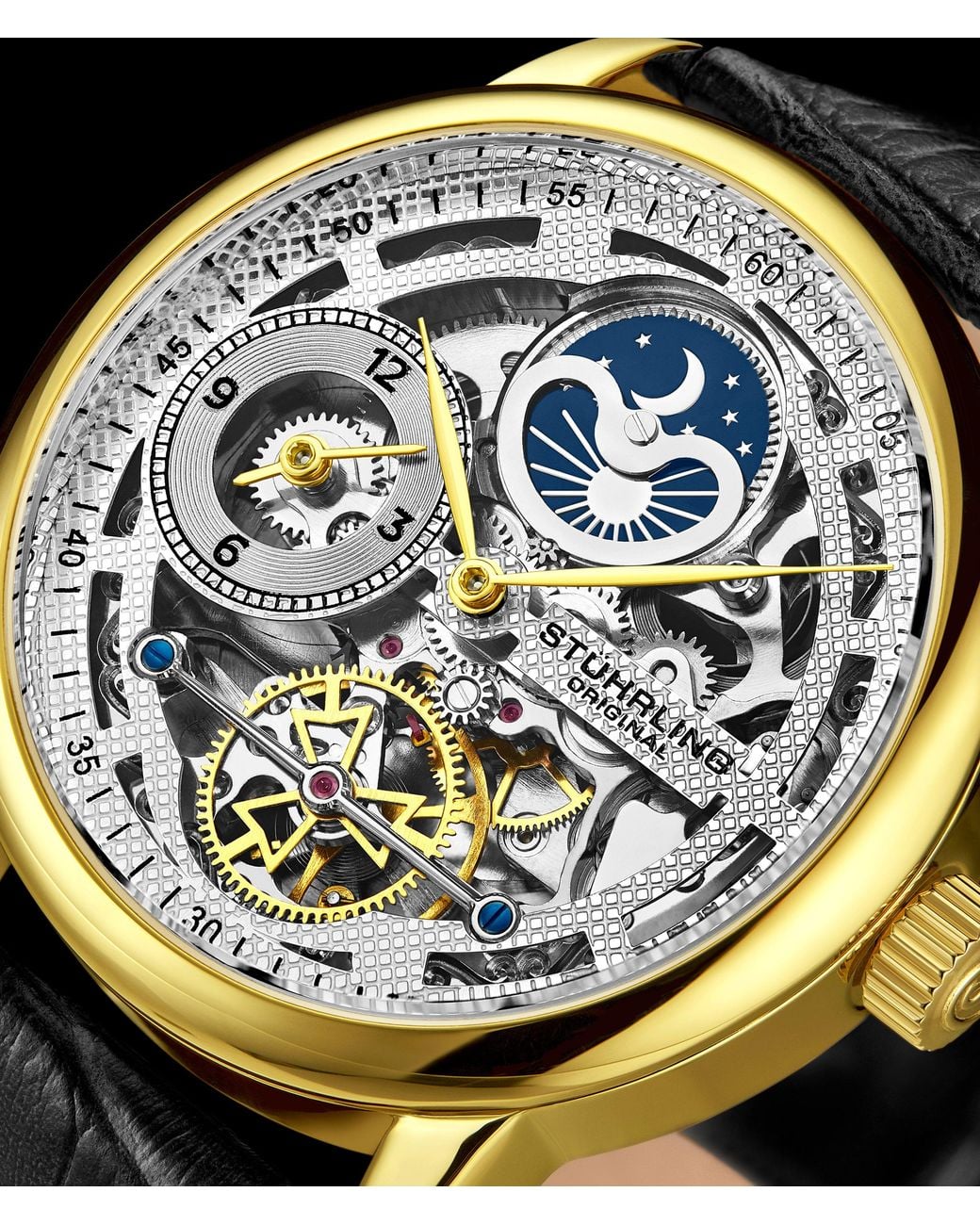 Stuhrling Gray Stuhrling 3917 Automatic Skeleton Watch Dual Time Subdial, Am/Pm Indicator, & Alligator-Embossed Leather Strap For for men