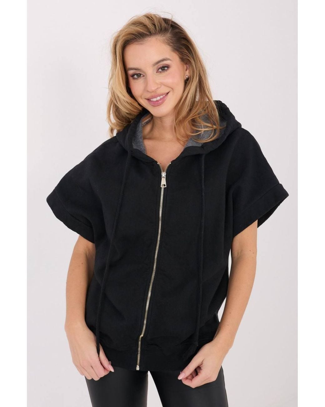 Love Lace Black Cotton Zip Up Hooded Sweatshirt With Elastane