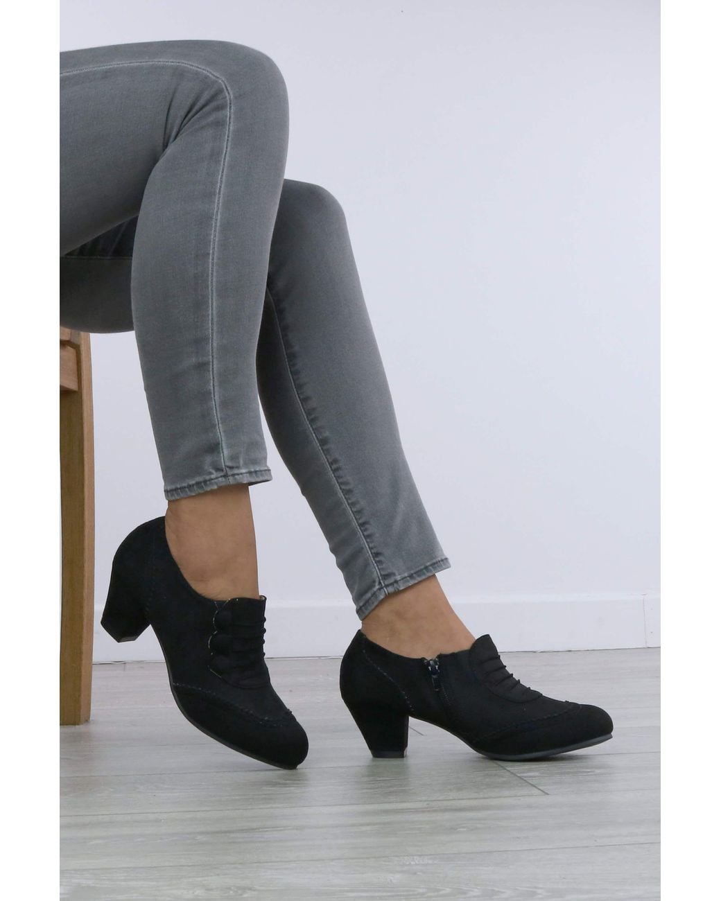 AJVANI Gray Mid Cuban Heel Brogue Buttoned Ankle Boots Shoe Boots