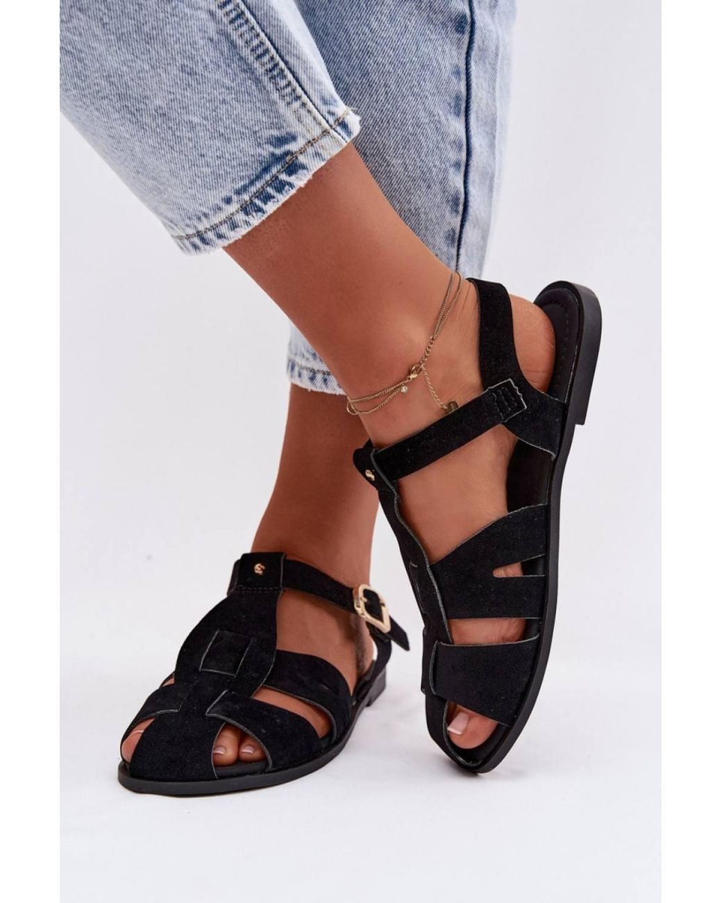 Love Lace Black Roman Flat Suede Sandals With Adjustable Buckle Strap