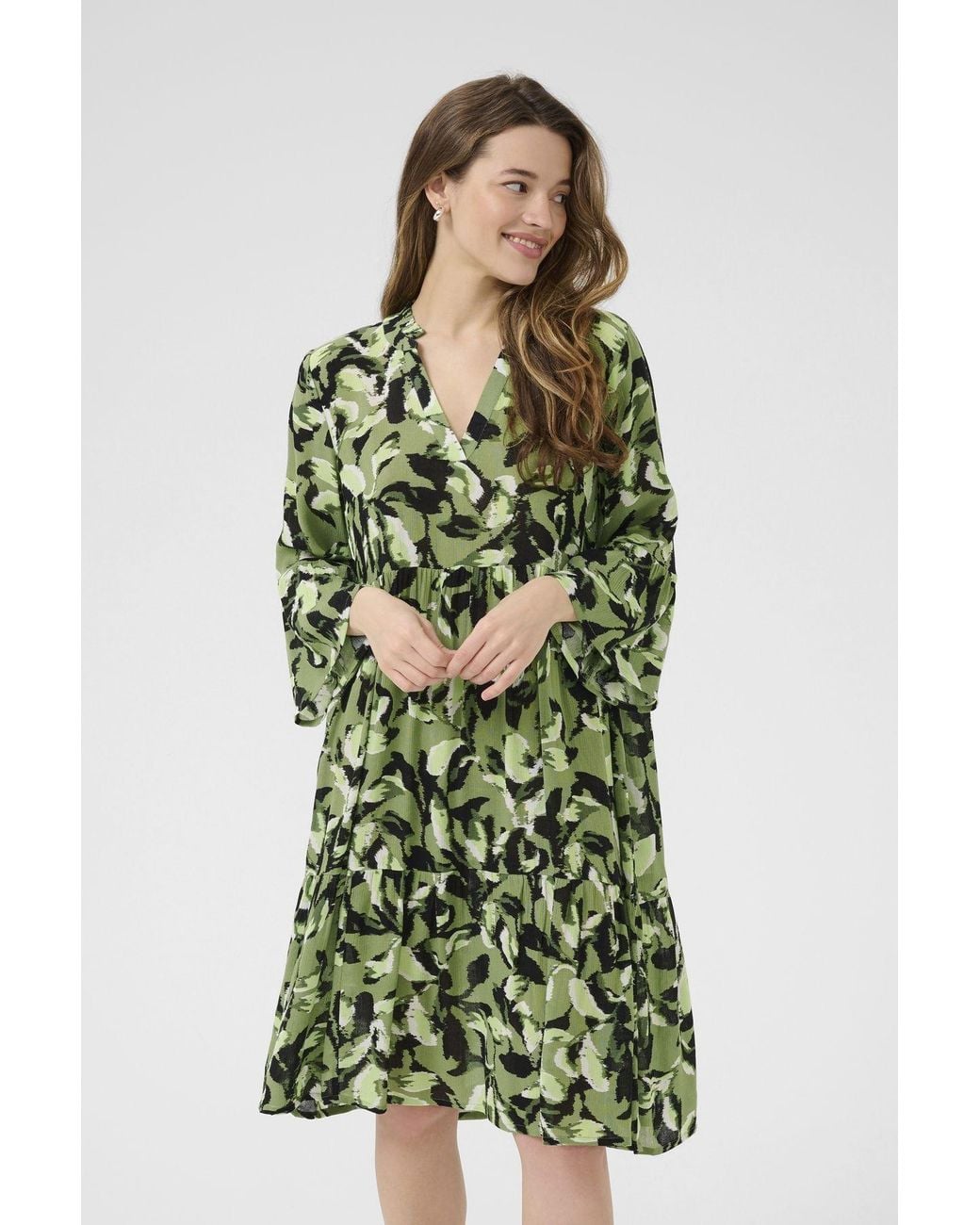 Kaffe Green Edita Tiered Knee-Length V-Neck Dress