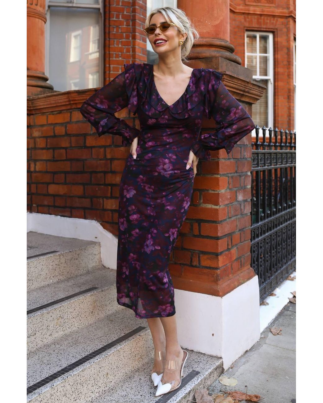 Jolie Moi Purple Long Sleeve Ruffle Detail Mesh Bodycon Dress