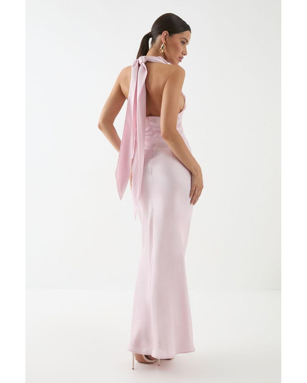 MissPap Pink Satin Cowl Wrap Neck Maxi Dress