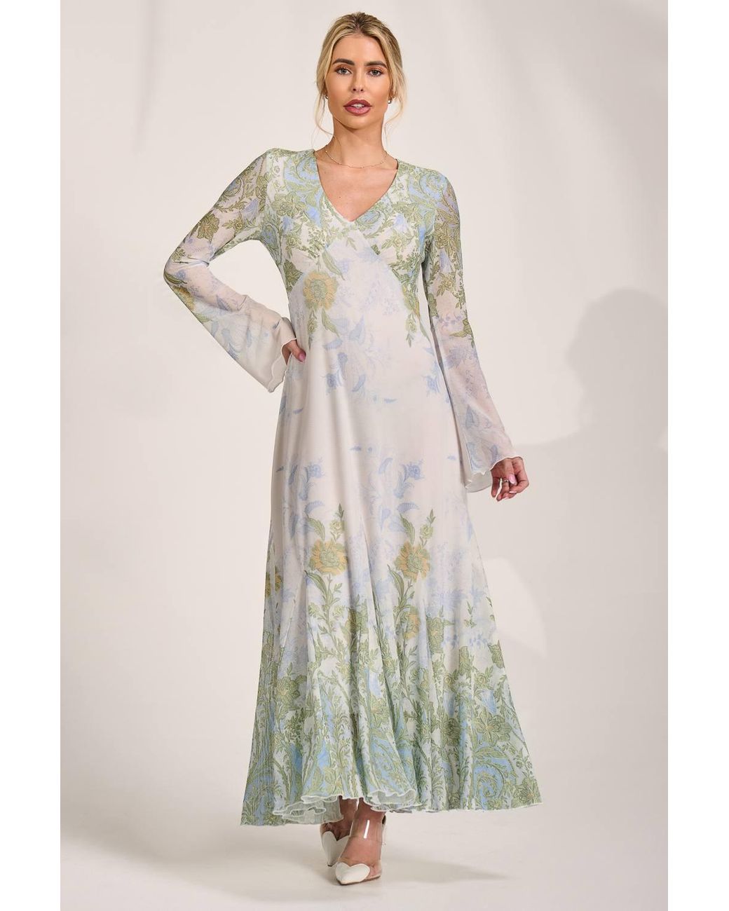 Jolie Moi Natural Long Sleeve Godet Mesh Maxi Dress