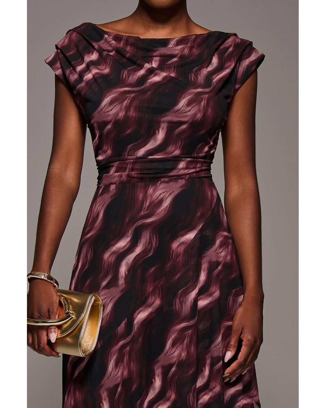 Jolie Moi Brown Asymmetric Draped Mesh Maxi Dress