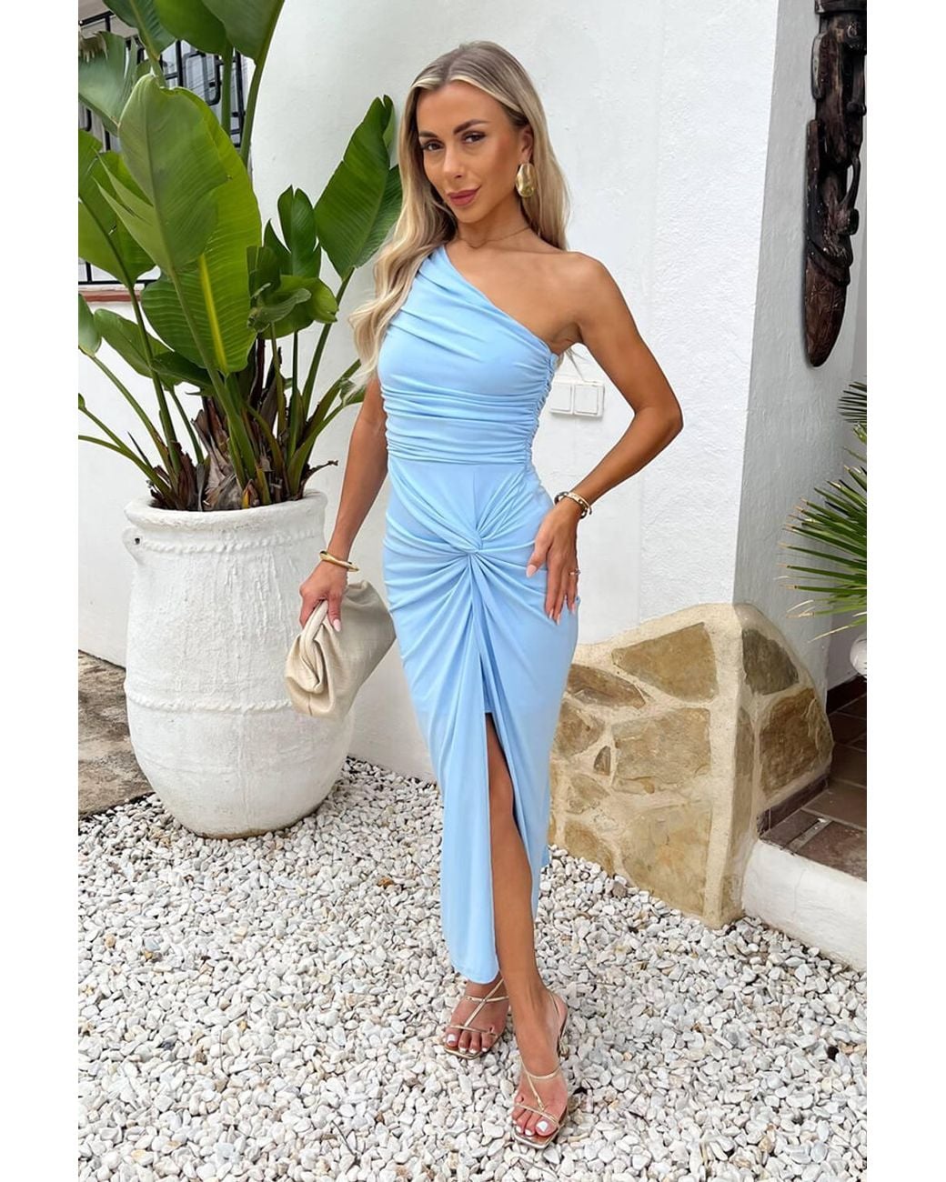 AX Paris Blue Ice One Shoulder Knot Skirt Midi Dress