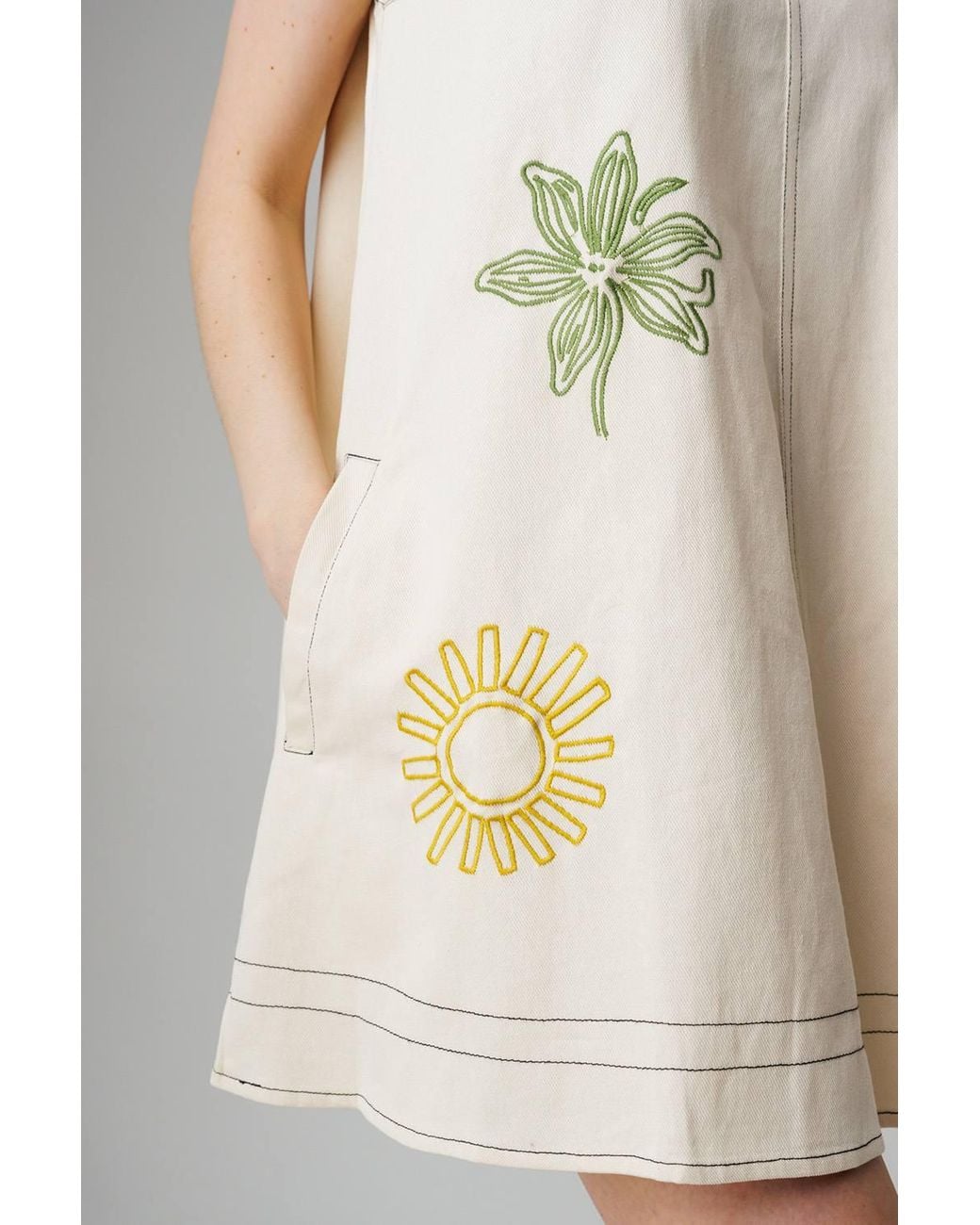 Native Youth Natural Cotton Cross-Stitch Embroidered Scoop Neck Mini Dress