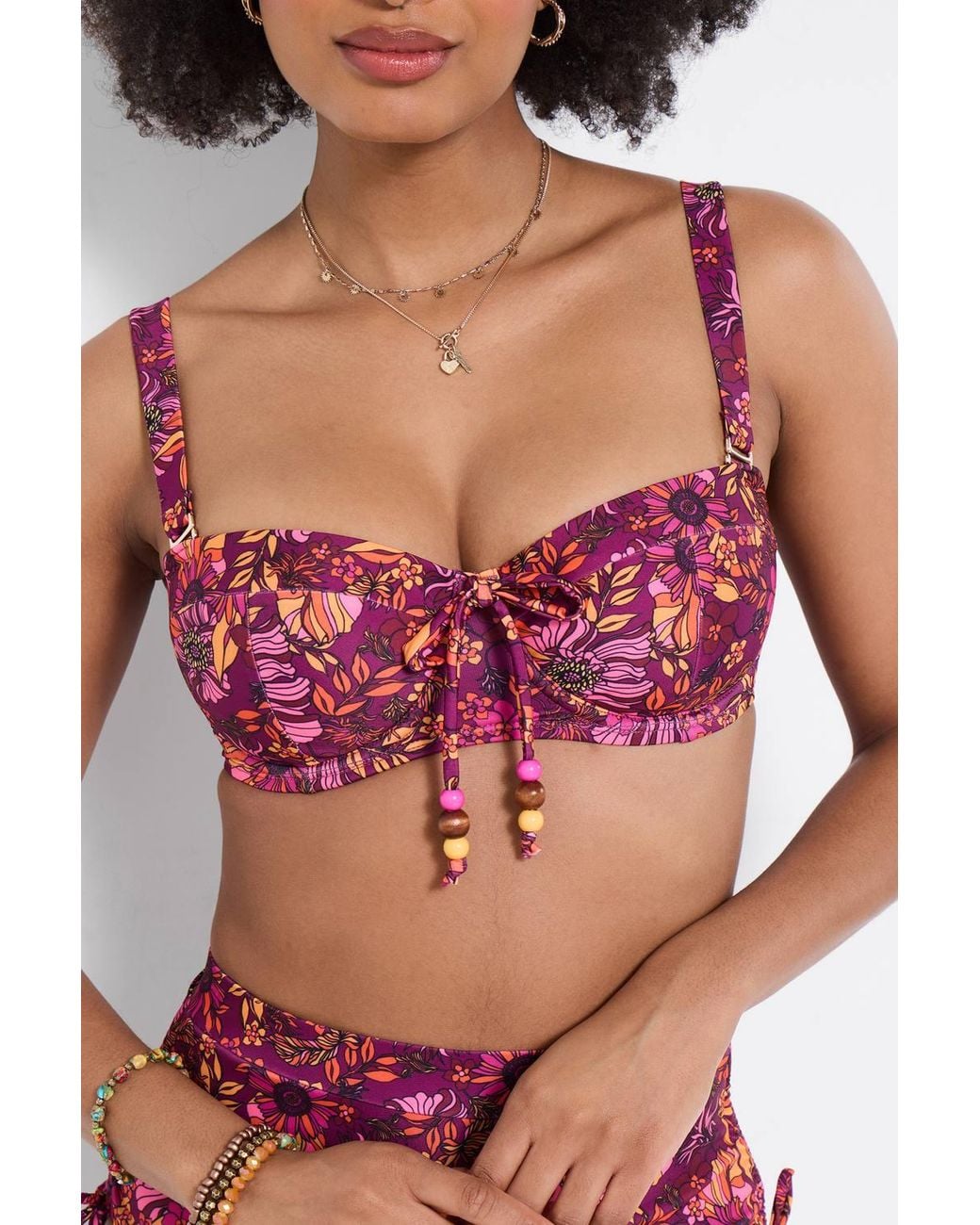 Joe Browns Pink Floral Print Bikini Top With Hardware & Beaded Bow