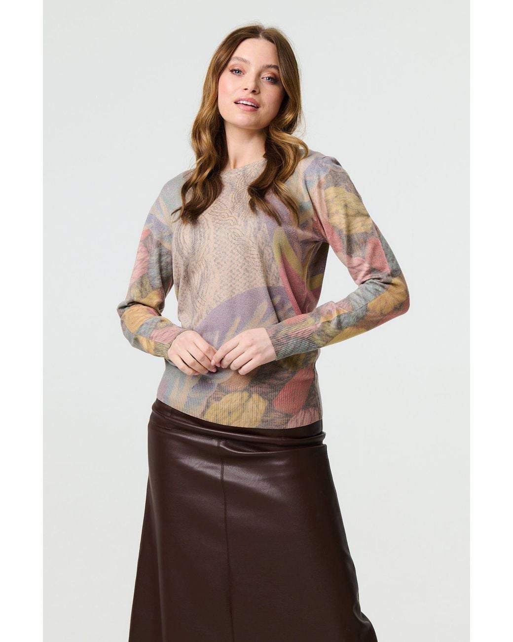 Izabel London Brown Abstract Long Sleeve Round Neck Knit Top