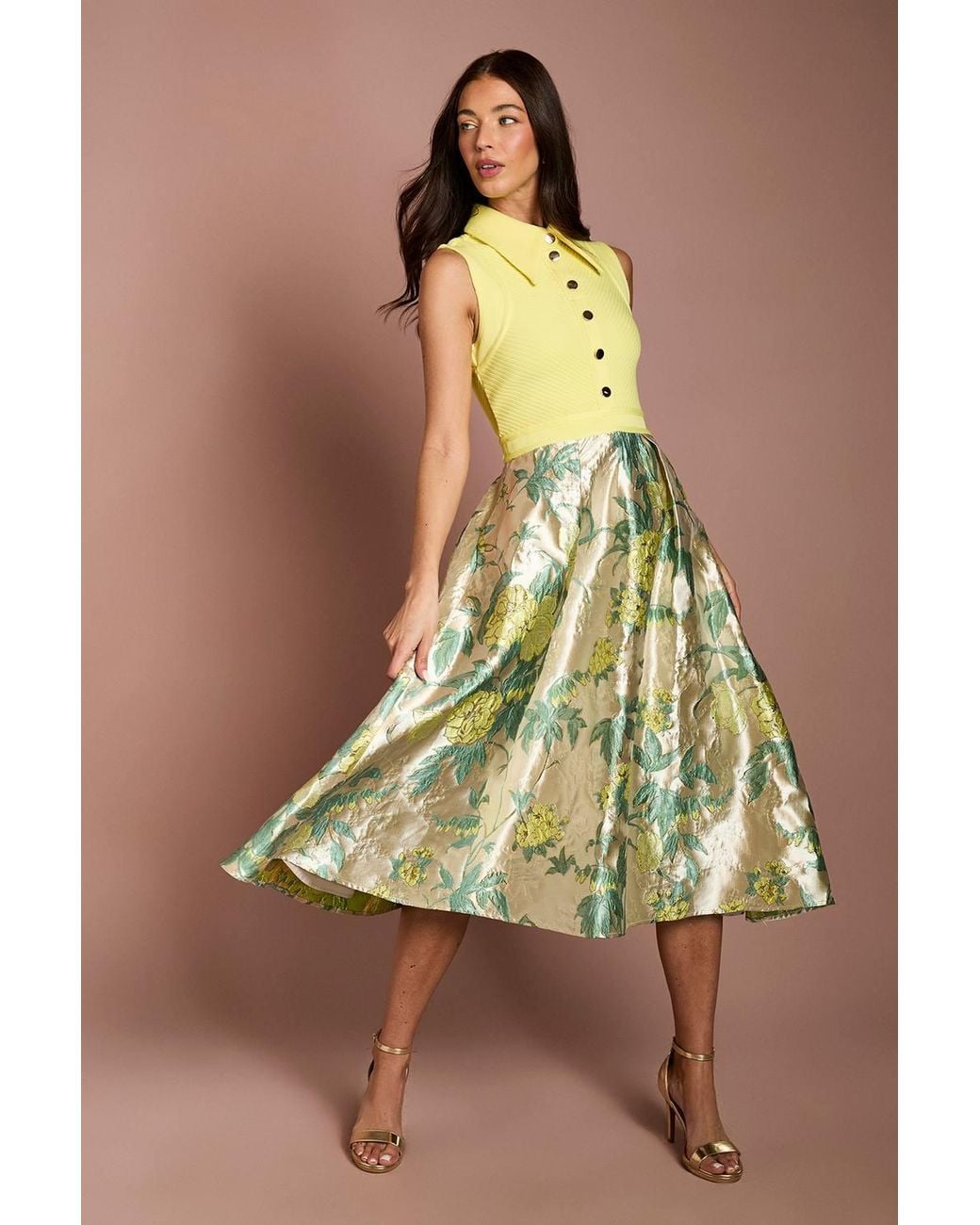 Coast Green Bandage Bodice Jacquard Skirt Midi Shirt Dress