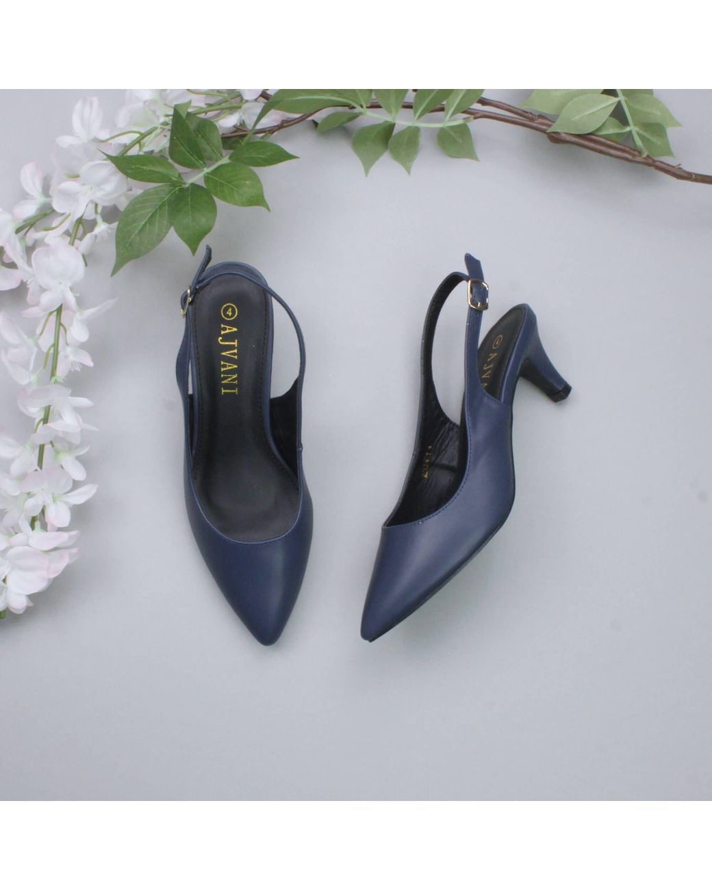 AJVANI Blue Mid Heel Pointed Toe Slingback 50S Court Shoes