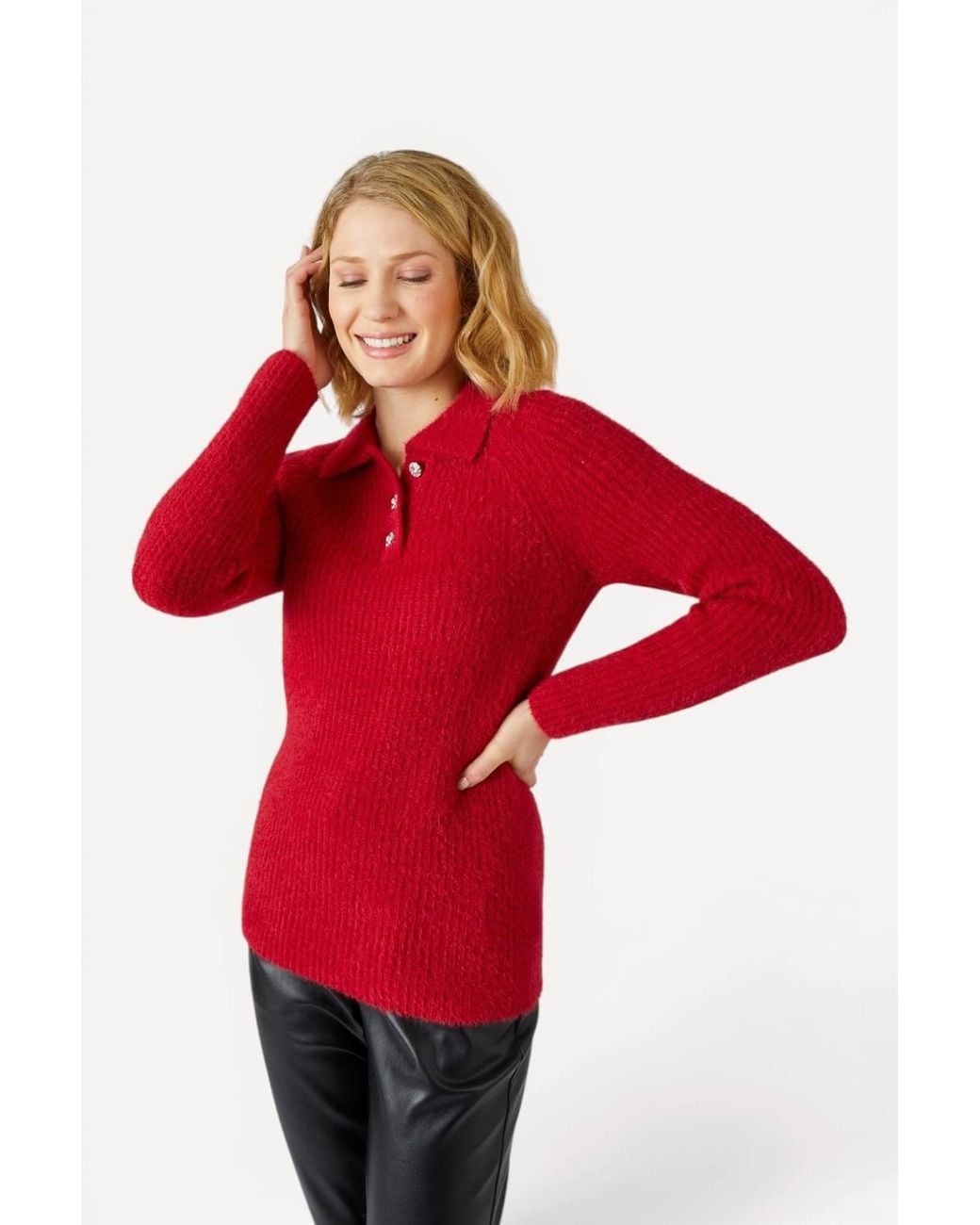 DAMART Red Cosy Soft-Knit Long Sleeved Polo Collar Jumper With Jewelled Buttons