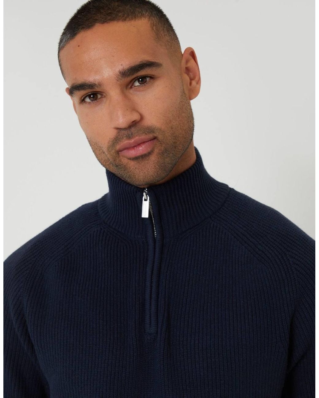 Threadbare Blue Rib Panel Quarter Zip Knitted Jumper for men