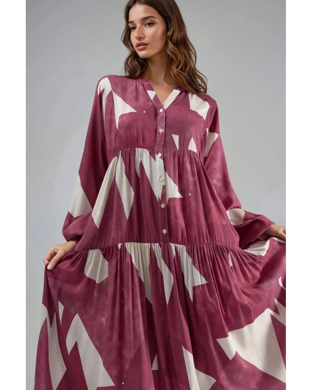 Hiccup Red Printed Long Sleeve Viscose Maxi Dress
