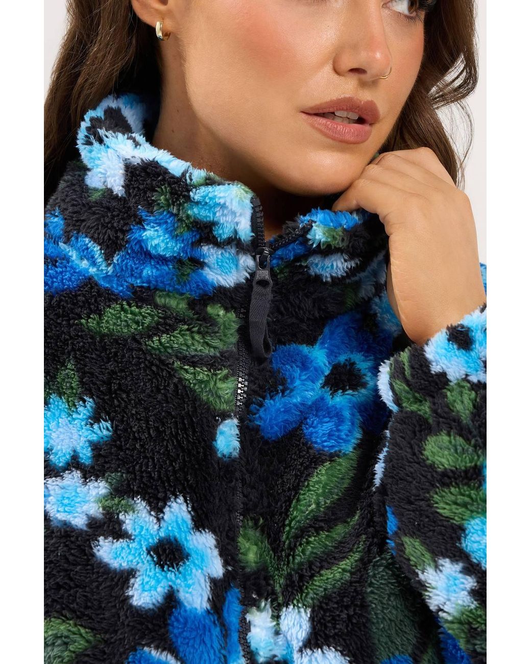 Yours Blue Floral Print Zip Through Fleece