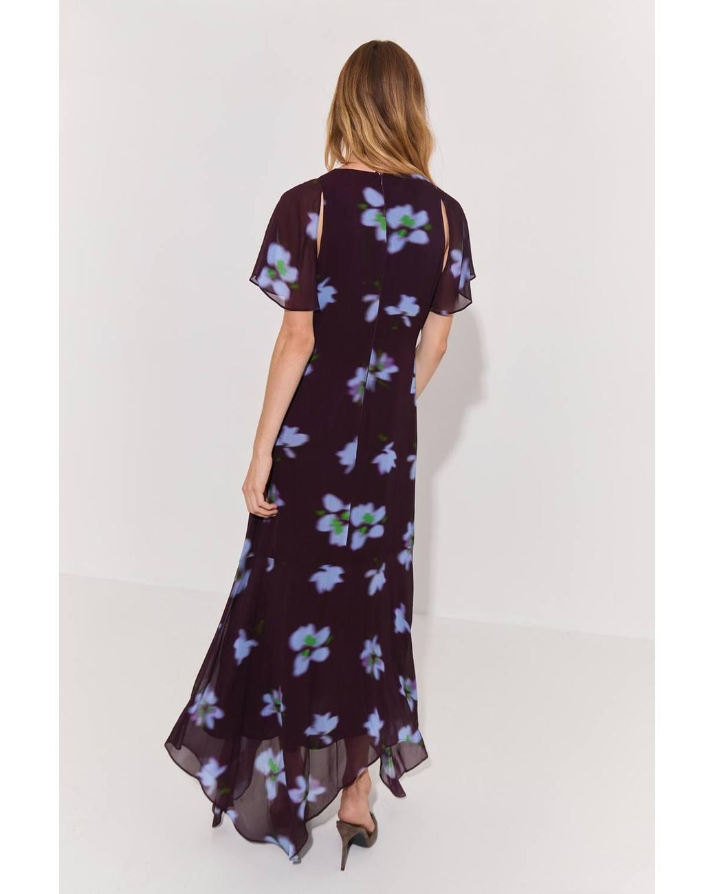 Warehouse White Flared Sleeve Cut Out Asymmetric Hem Floral Print Midaxi Dress