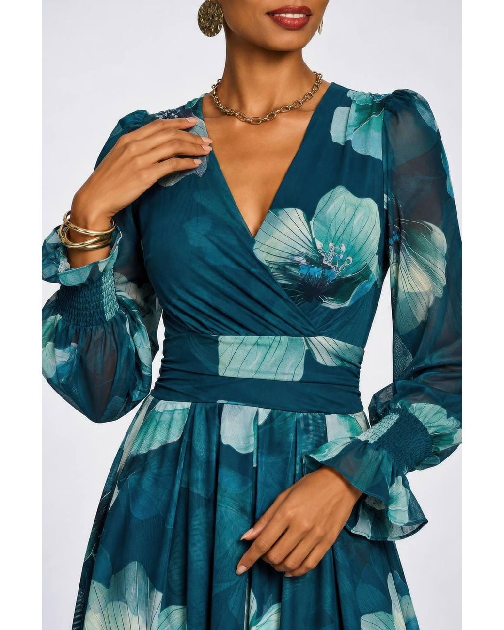 Jolie Moi Blue Long Sleeve V Neck Mesh Maxi Dress
