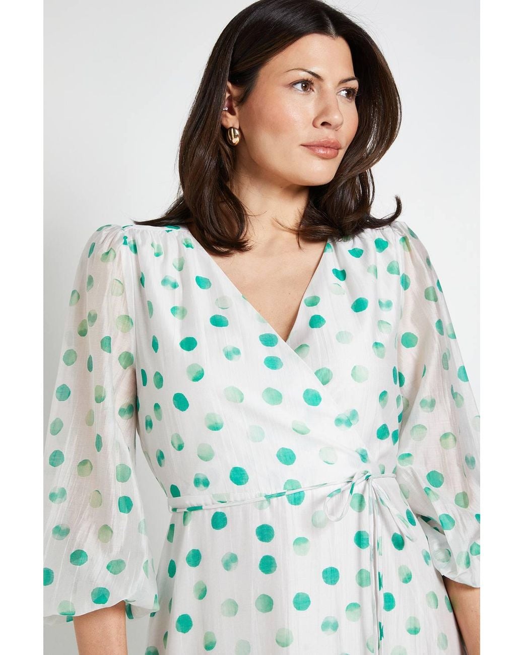 Wallis Green Polka Dot Ruffle Wrap Midi Dress