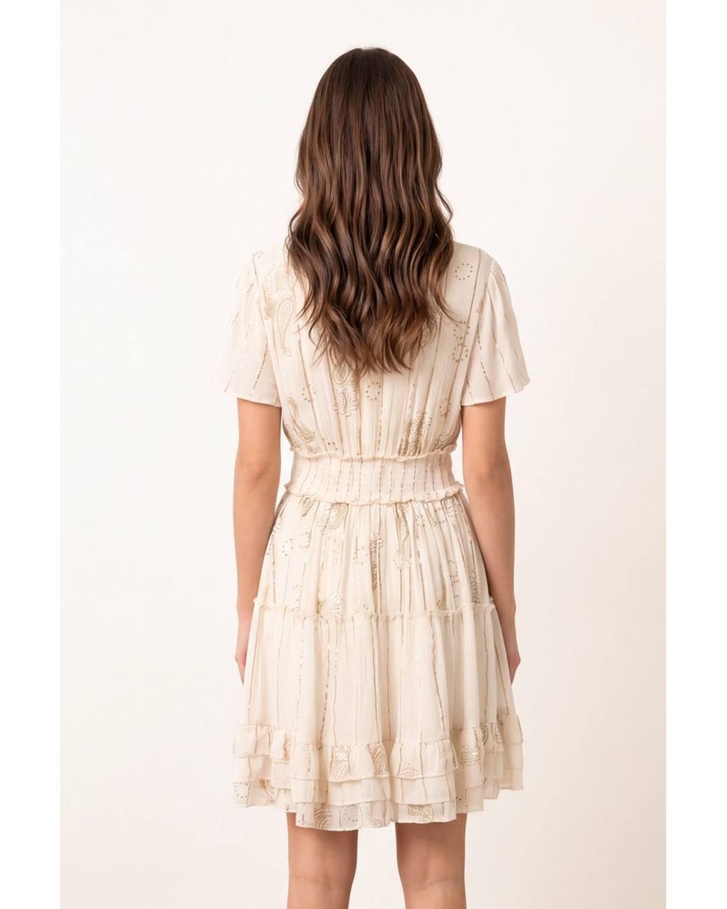 Blue Vanilla Natural Shirred Waist Short Sleeve V-Neck Mini Dress
