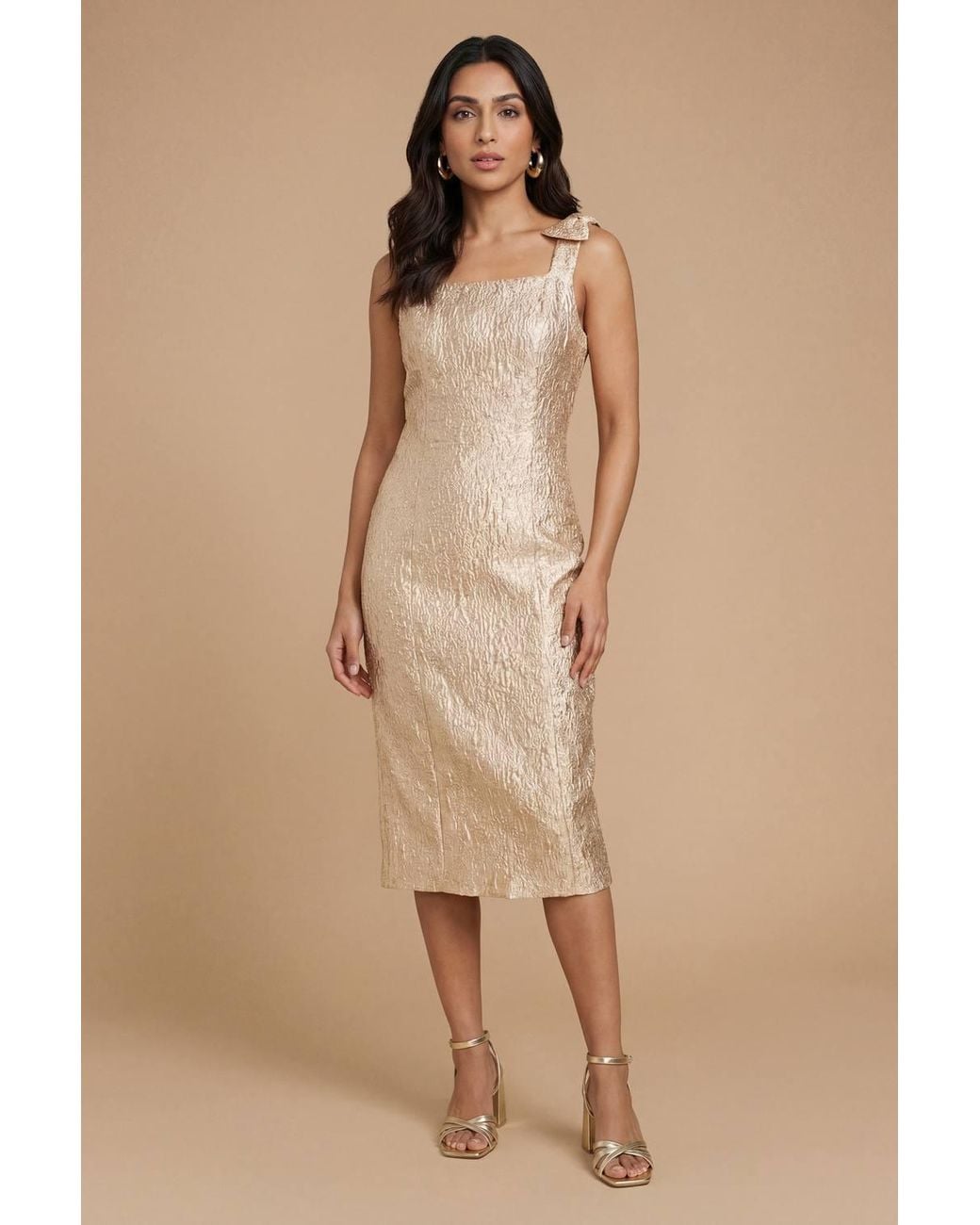 Dorothy Perkins Natural Petite Dp Luxe Bow Shoulder Jacquard Midi Dress