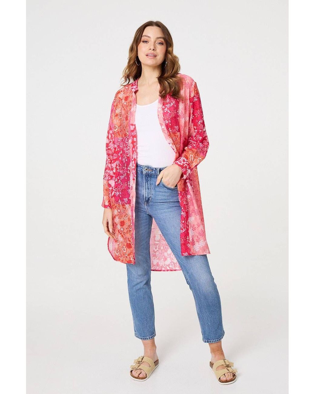 Izabel London Red Patchwork Print Semi Sheer Longline Shirt