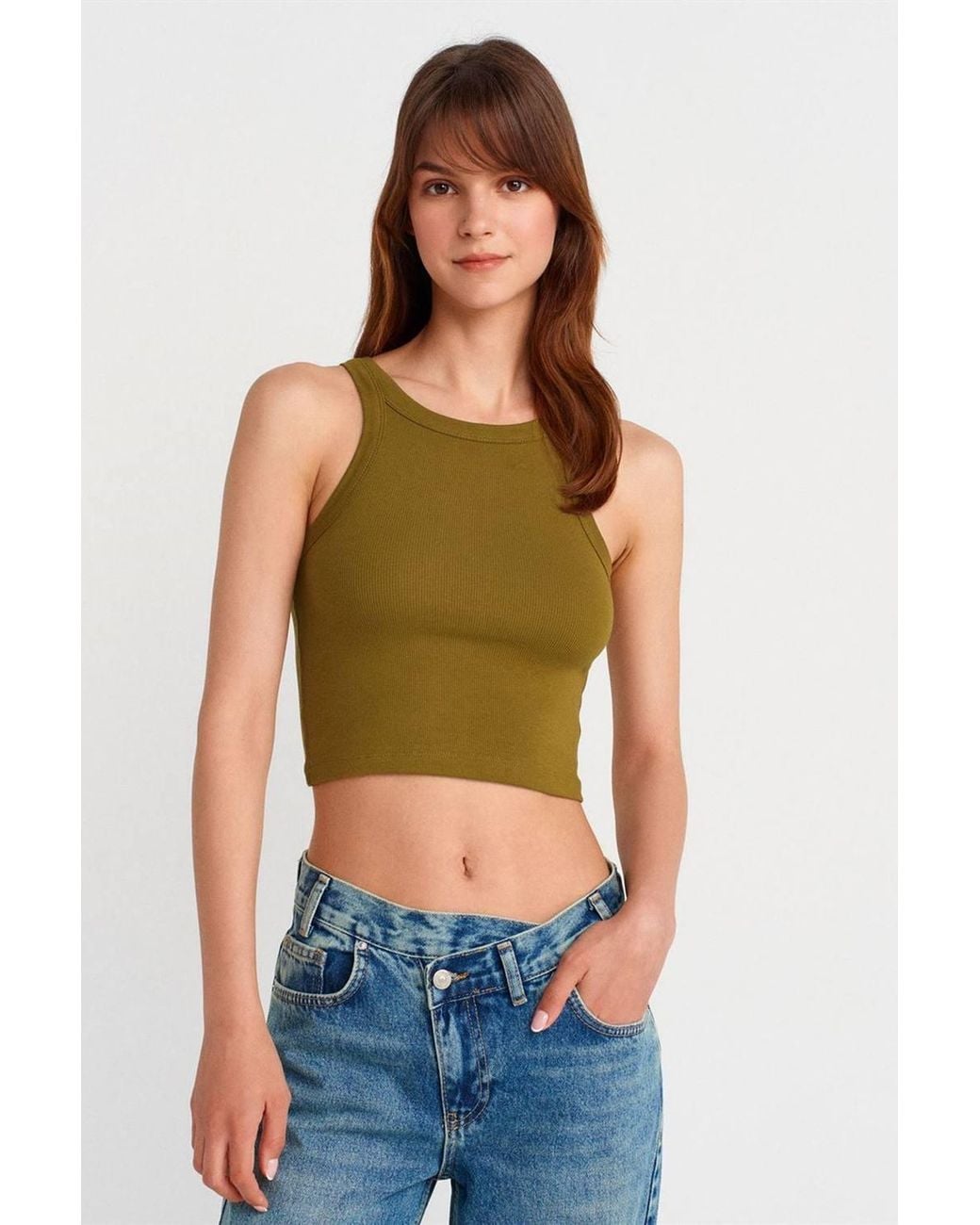 Dilvin Green Ribbed Cotton-Blend Sleeveless Crop Top