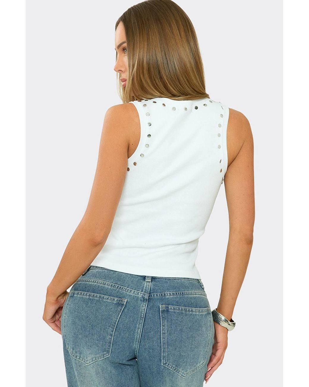 EGO Blue Sleeveless Square Neck Studded Ribbed Vest