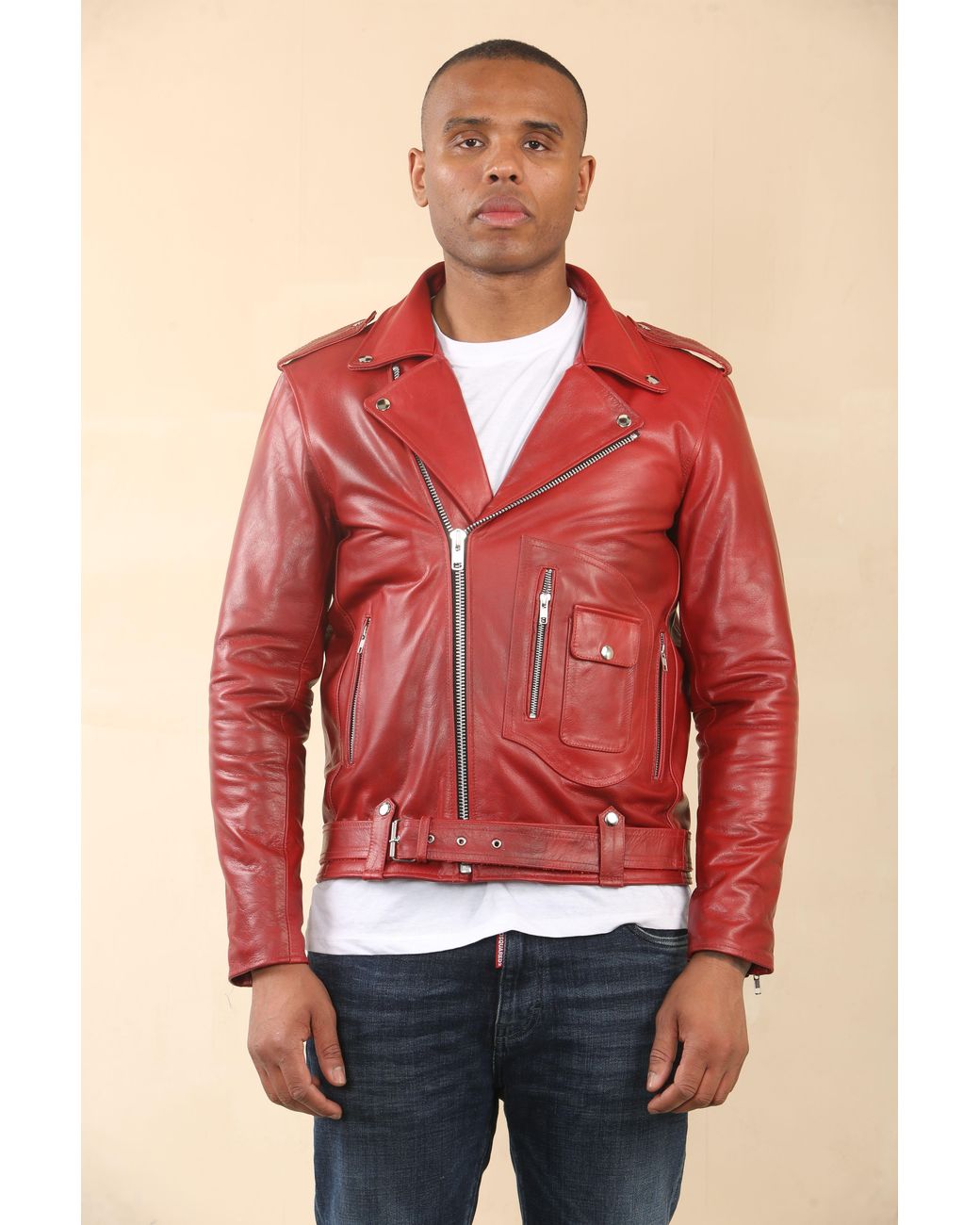 TruClothing Red Cow Hide Biker Brando Cross Zip Leather Jacket for men