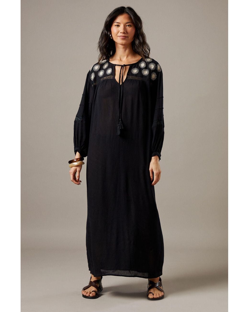 Warehouse Black Cheesecloth Embroidered Trim Insert Midi Smock Dress
