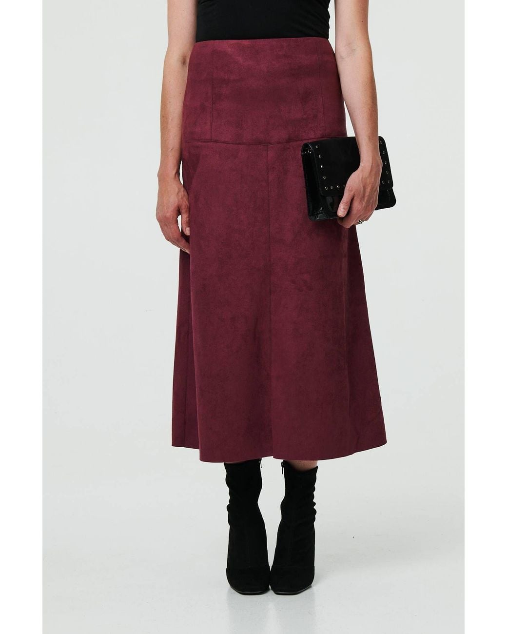 Izabel London Red Faux Suede A-Line High Waist Midi Skirt
